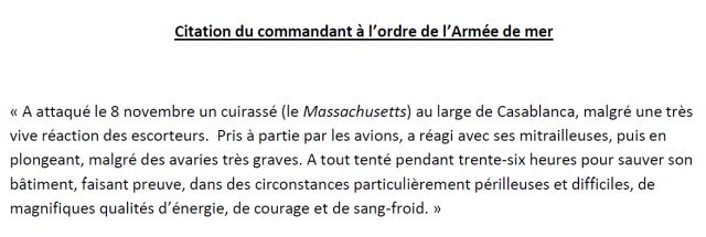 Citation du commandant à l'ordre de l'Armée de mer