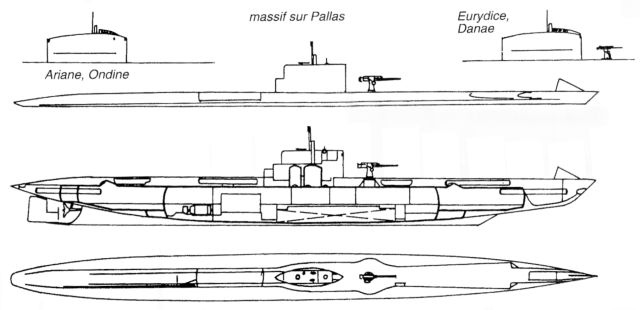 Silhouettes des sous-marins Pallas, Ariane, Ondine, Eurydice, Danaé (© Les Sous-Marins Français 1918-1945 Claude Huan)